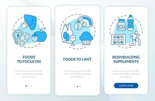 Bodybuilding nutrition blue onboarding mobile app screen. Sport walkthrough 3 steps graphic instructions pages with linear concepts. UI, UX, GUI template. Myriad Pro-Bold, Regular fonts used vector