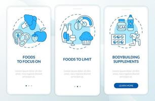 Bodybuilding nutrition blue onboarding mobile app screen. Sport walkthrough 3 steps graphic instructions pages with linear concepts. UI, UX, GUI template. Myriad Pro-Bold, Regular fonts used vector