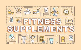 Fitness supplements word concepts beige banner. Healthy lifestyle. Infographics with linear icons on background. Isolated typography. Vector outline color illustration with text. Arial-Black font used