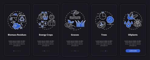 Biomass energy production night mode onboarding mobile app screen. Walkthrough 5 steps graphic instructions pages with linear concepts. UI, UX, GUI template. Myriad Pro-Bold, Regular fonts used vector