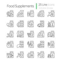 Food supplements linear icons set. Source of vitamins minerals and nutrients. Eating healthy. Customizable thin line contour symbols. Isolated vector outline illustrations. Editable stroke