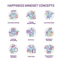 Happiness mindset concept icons set. Personal growth idea thin line color illustrations. Becoming happy. Self vision of success. Goal setting. Vector isolated outline drawings. Editable stroke