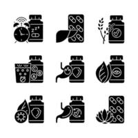 Food supplements black glyph icons set on white space. Dietary products for health. Digestive medicine. Vitamins to supplement diet. Silhouette symbols. Vector isolated illustration