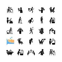 Human behaviour black glyph icons set on white space. Activities of daily living. Commonplace household duties. Day-to-day routine. Silhouette symbols. Vector isolated illustration