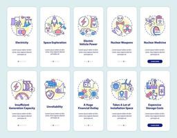 Zero-emission clean energy onboarding mobile app page screen set. Nuclear power walkthrough 5 steps graphic instructions with concepts. UI, UX, GUI vector template with linear color illustrations