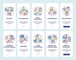 conjunto de pantalla de la página de la aplicación móvil de incorporación de energía limpia de cero emisiones. Tutorial de energía nuclear 5 pasos instrucciones gráficas con conceptos. ui, ux, plantilla vectorial gui con ilustraciones en color lineal vector