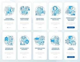 Expats blue onboarding mobile app page screen set. Struggles and adjusting walkthrough 5 steps graphic instructions with concepts. UI, UX, GUI vector template with linear color illustrations