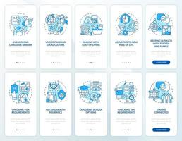 conjunto de pantalla de la página de la aplicación móvil de incorporación azul de expatriados. luchas y ajuste tutorial 5 pasos instrucciones gráficas con conceptos. ui, ux, plantilla vectorial gui con ilustraciones en color lineal vector