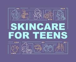 Skincare for teens word concepts purple banner. Beauty routine. Infographics with linear icons on background. Isolated typography. Vector color illustration with text. Arial-Black font used