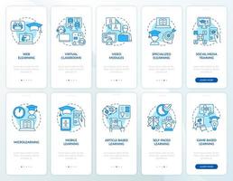 Electronic learning blue onboarding mobile app screen set. Walkthrough 5 steps graphic instructions pages with linear concepts. UI, UX, GUI template. Myriad Pro-Bold, Regular fonts used vector