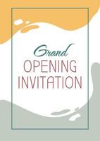 Grand opening invitation greeting card with color icon element. Postcard vector design. Decorative flyer with creative illustration. Notecard with congratulatory message on yellow, grey