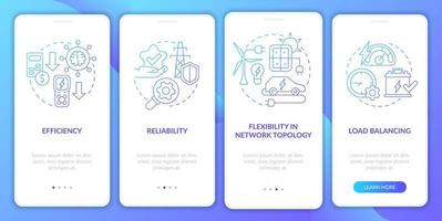 Smart grid features blue gradient onboarding mobile app screen. System walkthrough 4 steps graphic instructions pages with linear concepts. UI, UX, GUI template. Myriad Pro-Bold, Regular fonts used vector
