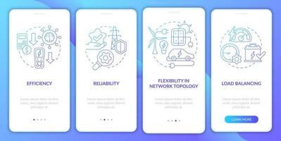 Smart grid features blue gradient onboarding mobile app screen. System walkthrough 4 steps graphic instructions pages with linear concepts. UI, UX, GUI template. Myriad Pro-Bold, Regular fonts used vector