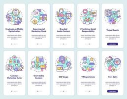 Marketing trends onboarding mobile app screen set. Promotion walkthrough 5 steps graphic instructions pages with linear concepts. UI, UX, GUI template. Myriad Pro-Bold, Regular fonts used vector