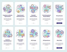 Marketing trends onboarding mobile app screen set. Promotion walkthrough 5 steps graphic instructions pages with linear concepts. UI, UX, GUI template. Myriad Pro-Bold, Regular fonts used vector