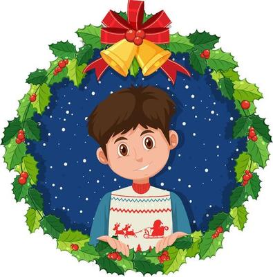 Christmas wreath border with a young man