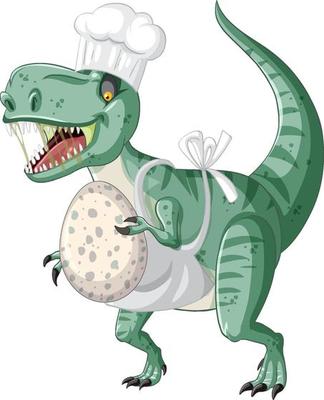 Tyrannosaurus rex dinosaur holding egg in cartoon style