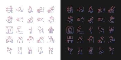 Joints pain gradient icons set for dark and light mode. Rheumatic diseases. Arthritis development. Thin line contour symbols bundle. Isolated vector outline illustrations collection on black and white