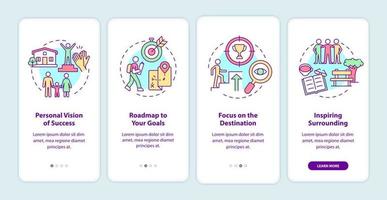 Happiness mindset components onboarding mobile app page screen. Success walkthrough 4 steps graphic instructions with concepts. UI, UX, GUI vector template with linear color illustrations
