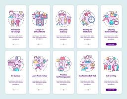 Happiness mindset onboarding mobile app page screen set. Obstacles and strategies walkthrough 5 steps graphic instructions with concepts. UI, UX, GUI vector template with linear color illustrations