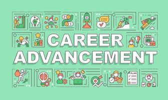 Career advancement word concepts banner. Professional development. Infographics with linear icons on green background. Isolated creative typography. Vector outline color illustration with text