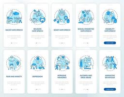 Exposure to violence onboarding mobile app page screen set. Mental health effects walkthrough 5 steps graphic instructions with concepts. UI, UX, GUI vector template with linear color illustrations