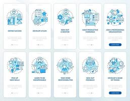 Career development blue onboarding mobile app page screen set. Job walkthrough 5 steps graphic instructions with concepts. UI, UX, GUI vector template with linear color illustrations collection