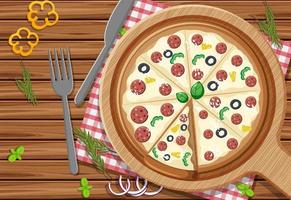 Top view of a whole pizza with pepperoni topping on wooden table vector