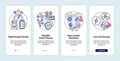 Nuclear energy advantages onboarding mobile app page screen. Reliable power source walkthrough 4 steps graphic instructions with concepts. UI, UX, GUI vector template with linear color illustrations