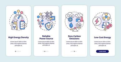 Ventajas de la energía nuclear al incorporar la pantalla de la página de la aplicación móvil. Instrucciones gráficas de 4 pasos para una fuente de alimentación confiable con conceptos. ui, ux, plantilla vectorial gui con ilustraciones en color lineal vector