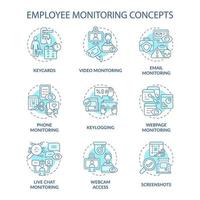 conjunto de iconos de concepto azul de supervisión de empleados. vigilancia del lugar de trabajo. software de seguimiento corporativo. idea de control de trabajo ilustraciones en color de línea delgada. dibujos de contorno aislados vectoriales. trazo editable vector