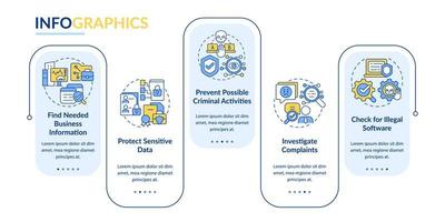 Surveillance legal policy vector infographic template. Work tracking presentation outline design elements. Data visualization with 5 steps. Process timeline info chart. Workflow layout with line icons