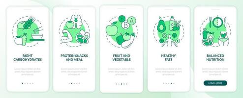 Right food for exercises green onboarding mobile app screen. Dieting walkthrough 5 steps graphic instructions pages with linear concepts. UI, UX, GUI template. Myriad Pro-Bold, Regular fonts used vector