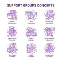 Elearning platform and techniques purple concept icons set. Online education idea thin line color illustrations. Isolated outline drawings. Editable stroke. Roboto-Medium, Myriad Pro-Bold fonts used vector