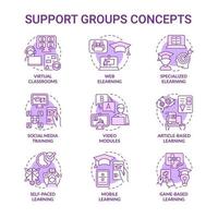 Elearning platform and techniques purple concept icons set. Online education idea thin line color illustrations. Isolated outline drawings. Editable stroke. Roboto-Medium, Myriad Pro-Bold fonts used vector