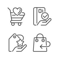 Special offer for customers pixel perfect linear icons set. Return policy. Pay with credit card. Customizable thin line symbols. Isolated vector outline illustrations. Editable stroke