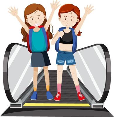 Front view of two travellers on moving walkway