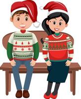 Couple man and woman wearing Christmas outfits sitting on a bench vector