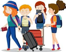 Group of tourists ready to travel on white background vector