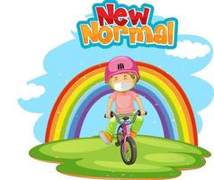 nueva normalidad con una chica con máscara y montando bicicleta vector