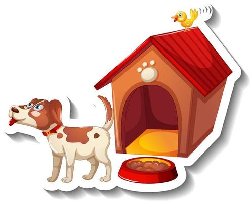 Cute dog with dog house and food bowl