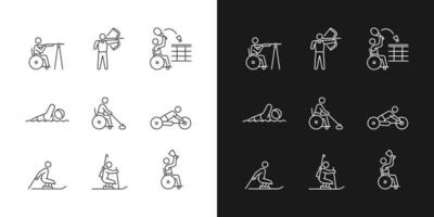 Athletes with disability linear icons set for dark and light mode. Adaptive sport games. People with disability. Customizable thin line symbols. Isolated vector outline illustrations. Editable stroke