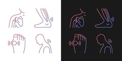 Musculoskeletal pain gradient icons set for dark and light mode. Muscles overstretching. Thin line contour symbols bundle. Isolated vector outline illustrations collection on black and white