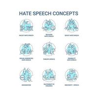 Hate speech blue concept icons set. Aggression towards person and group idea thin line color illustrations. Religious bias. Sexist comments. Vector isolated outline drawings. Editable stroke