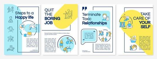 Steps to happy life blue and yellow brochure template. Change life. Flyer, booklet, leaflet print, cover design with linear icons. Vector layouts for presentation, annual reports, advertisement pages