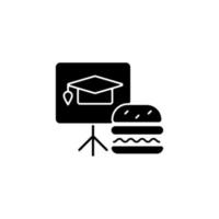 Lunch and learns black glyph icon. Training event. Employee encouragement. Offer food and new knowledge. Break during workday. Silhouette symbol on white space. Vector isolated illustration