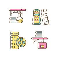 Back massage equipment RGB color icons set. Portable table. Acupressure mat and vibrating pad. Body recreation and treatment. Isolated vector illustrations. Simple filled line drawings collection