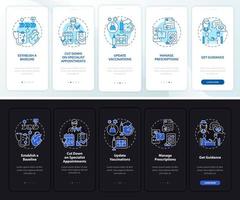 Reasons to visit doctor dark, light onboarding mobile app page screen. Walkthrough 5 steps graphic instructions with concepts. UI, UX, GUI vector template with linear night and day mode illustrations