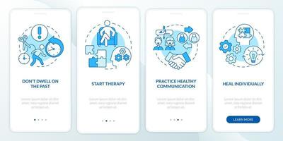 Breakup recovery onboarding mobile app page screen. Individual emotional healing walkthrough 4 steps graphic instructions with concepts. UI, UX, GUI vector template with linear color illustrations