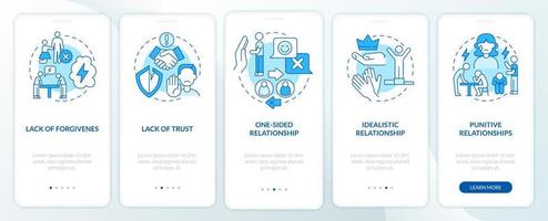 Abusive relationships types onboarding mobile app page screen. Lack of trust walkthrough 5 steps graphic instructions with concepts. UI, UX, GUI vector template with linear color illustrations